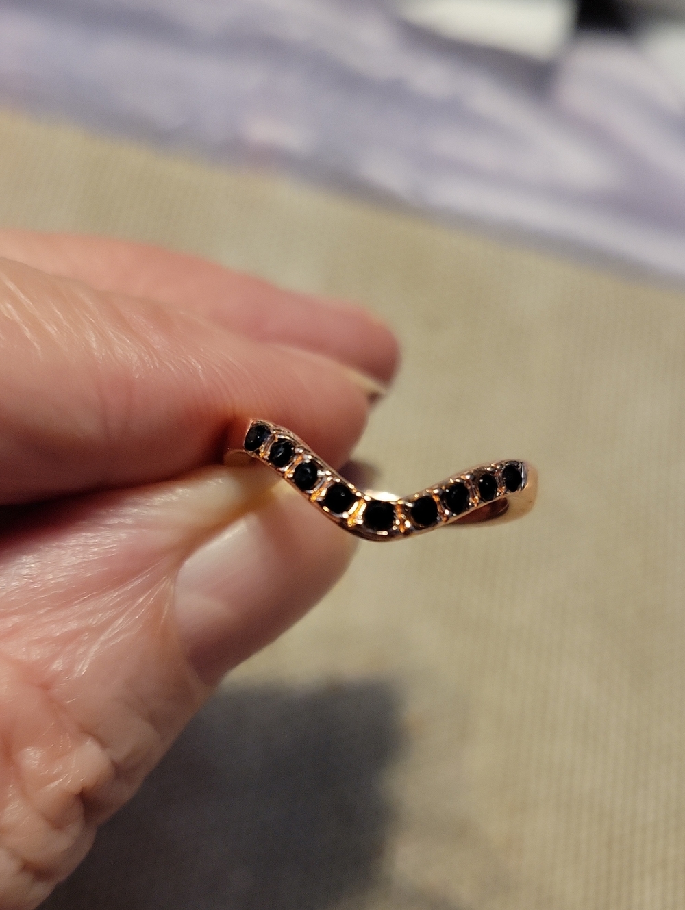 Gold V-Shape with Black Stones - Women Jewelry RING SIZE 6
